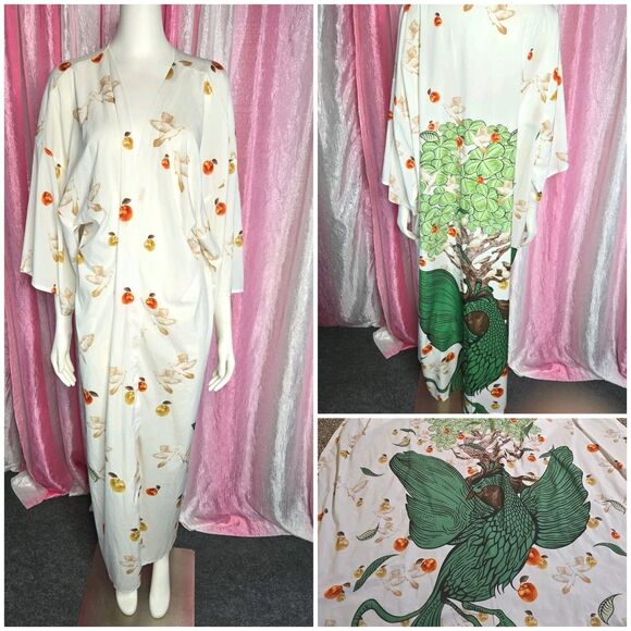 Art Beautiful White Tree Bird Tropical Kimono Maxi Robe One Size - Picture 1 of 16